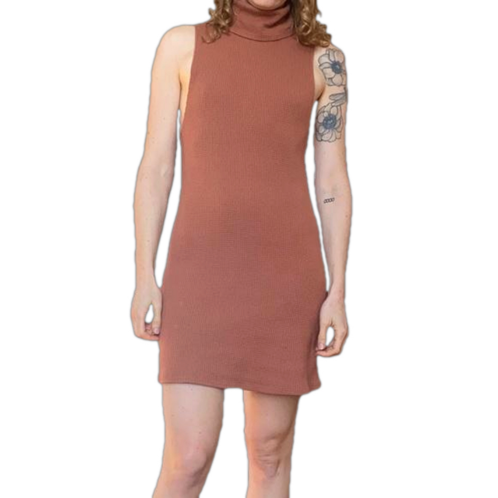 Free People Beach Waffle Knit Rust Turtleneck Mini Dress